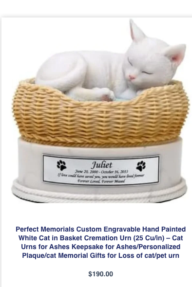 Custom Engravable White Cat in Basket Cremation Urn