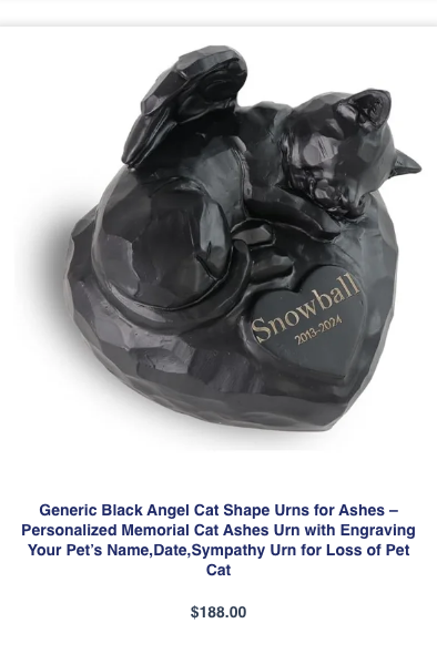 Personalized Black Angel Cat Memorial Urn